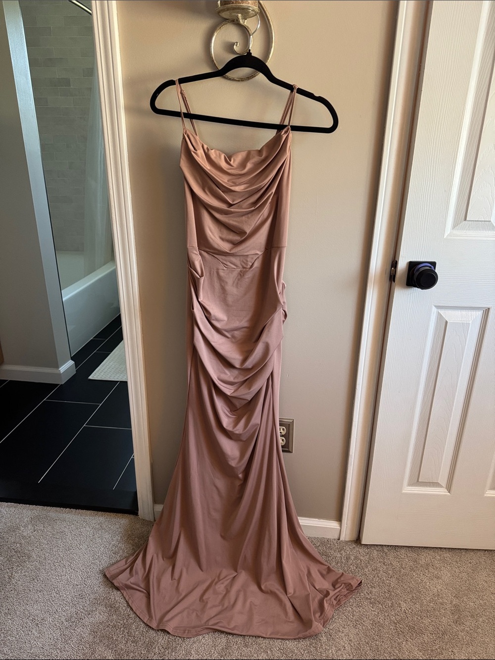 Elegant Taupe Cowl Neck Dress with Boning in Bodice and Draped Skirt